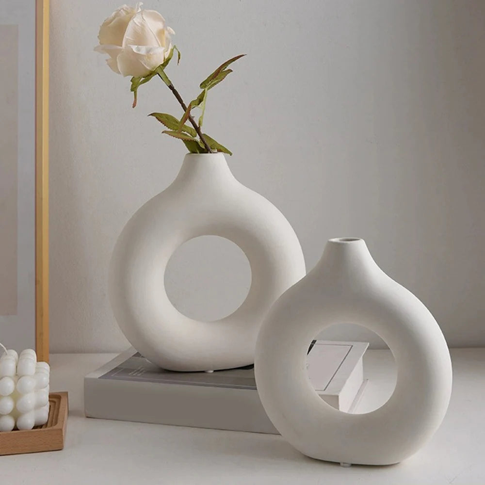 Circular Hollow Ceramic Vase – Nordic Desktop Decor